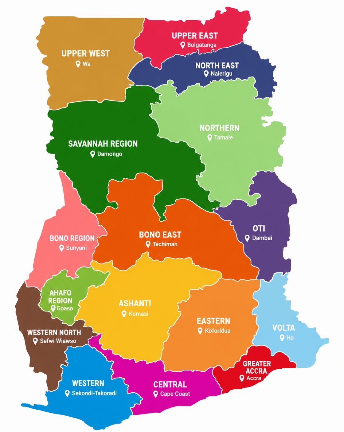 Map of Ghana showing the nine regions ShaQ Express serves
