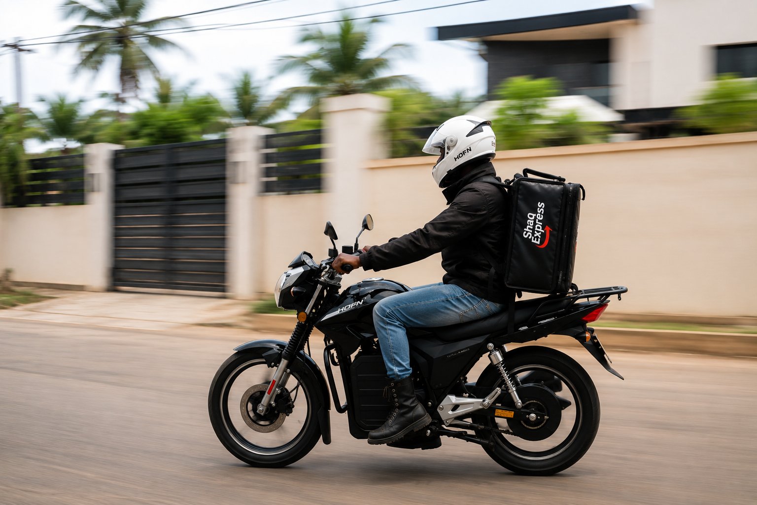 ShaQ Express electric motorbike on the road with branded delivery box, Accra